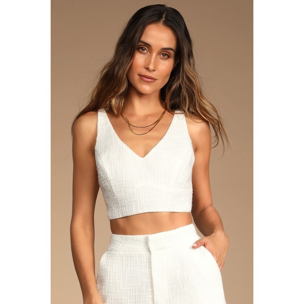 Lulus Chic And Sophisticated Ivory Tweed Cropped Tank Top White - Size S